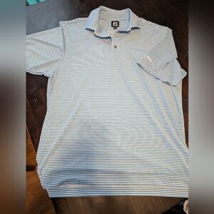 FootJoy Mens L Polo, Lt Blue/White Stripe with "Eaton Vance" Sleeve Embroidery